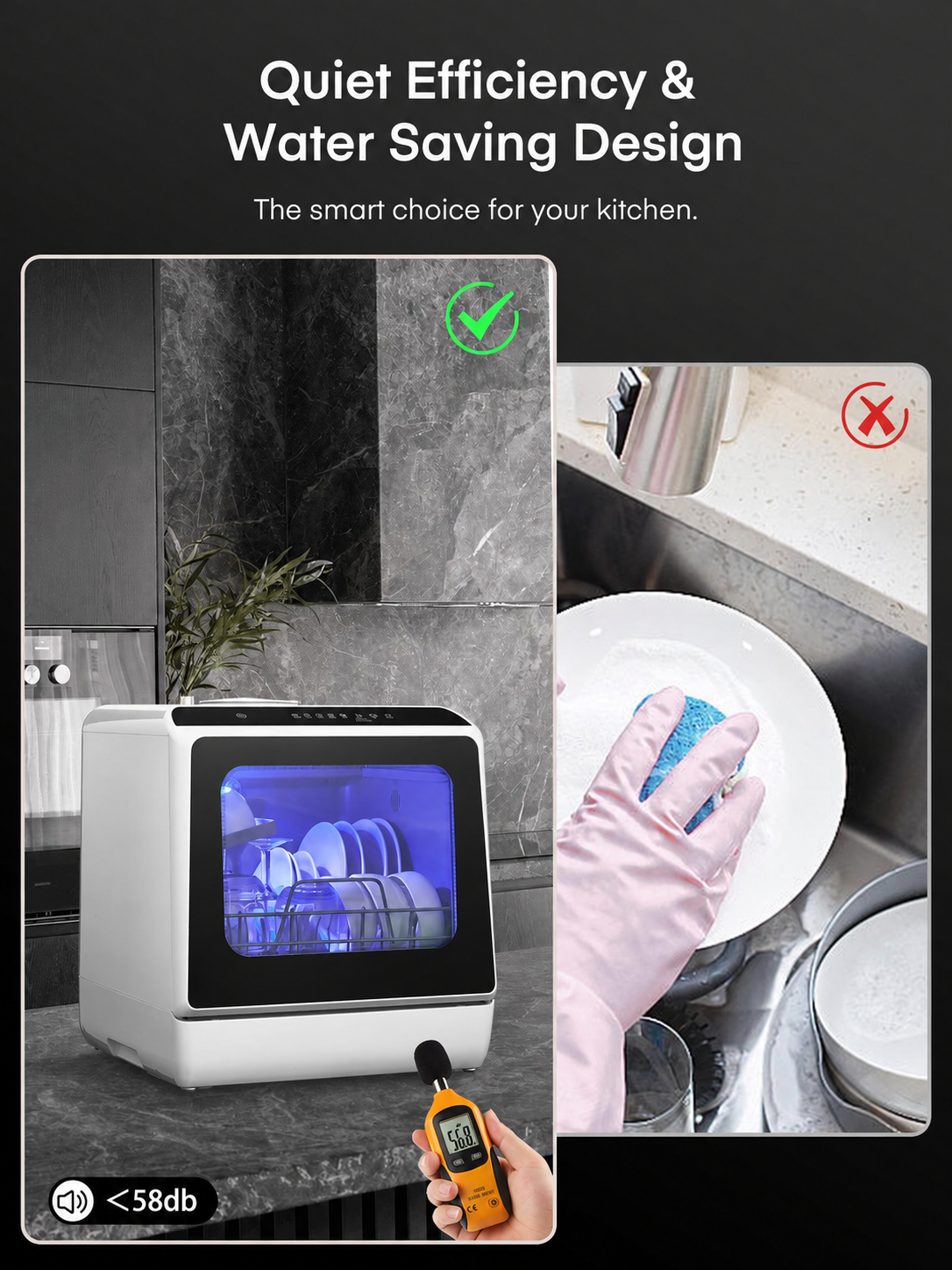 White countertop dishwasher kitchen comparison scene, no logo