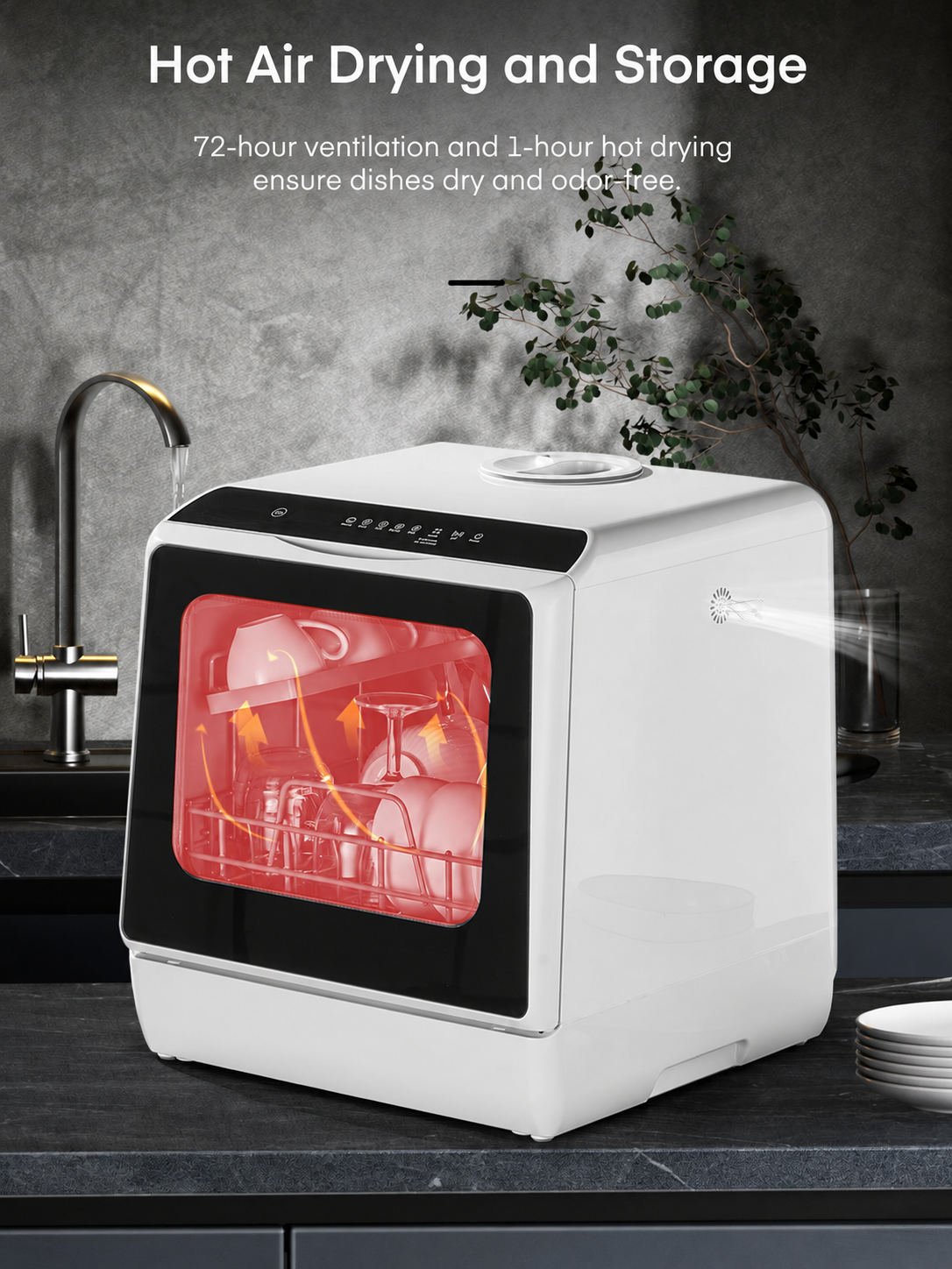 White countertop dishwasher hot air drying scene, no logo