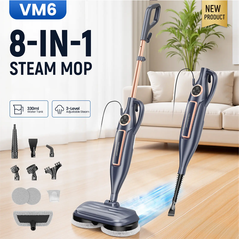 VM6 Electric Rotating Steam Mop - 10-in-1 Eco-Friendly Antibacterial Cleaning Supplies, 3 Adjustable Steam Levels, 5m Cord, Fast Heat-Up, Attachments for Floors, Kitchen, Tiles, Grease & Grime Remover,sohochic