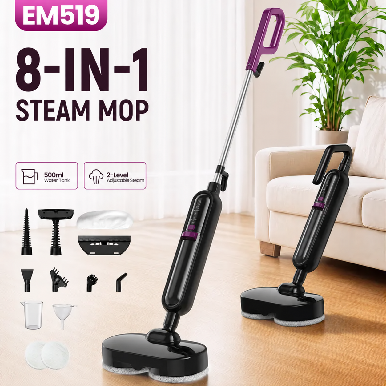 VM6 Electric Rotating Steam Mop - 10-in-1 Eco-Friendly Antibacterial Cleaning Supplies, 3 Adjustable Steam Levels, 5m Cord, Fast Heat-Up, Attachments for Floors, Kitchen, Tiles, Grease & Grime Remover,sohochic