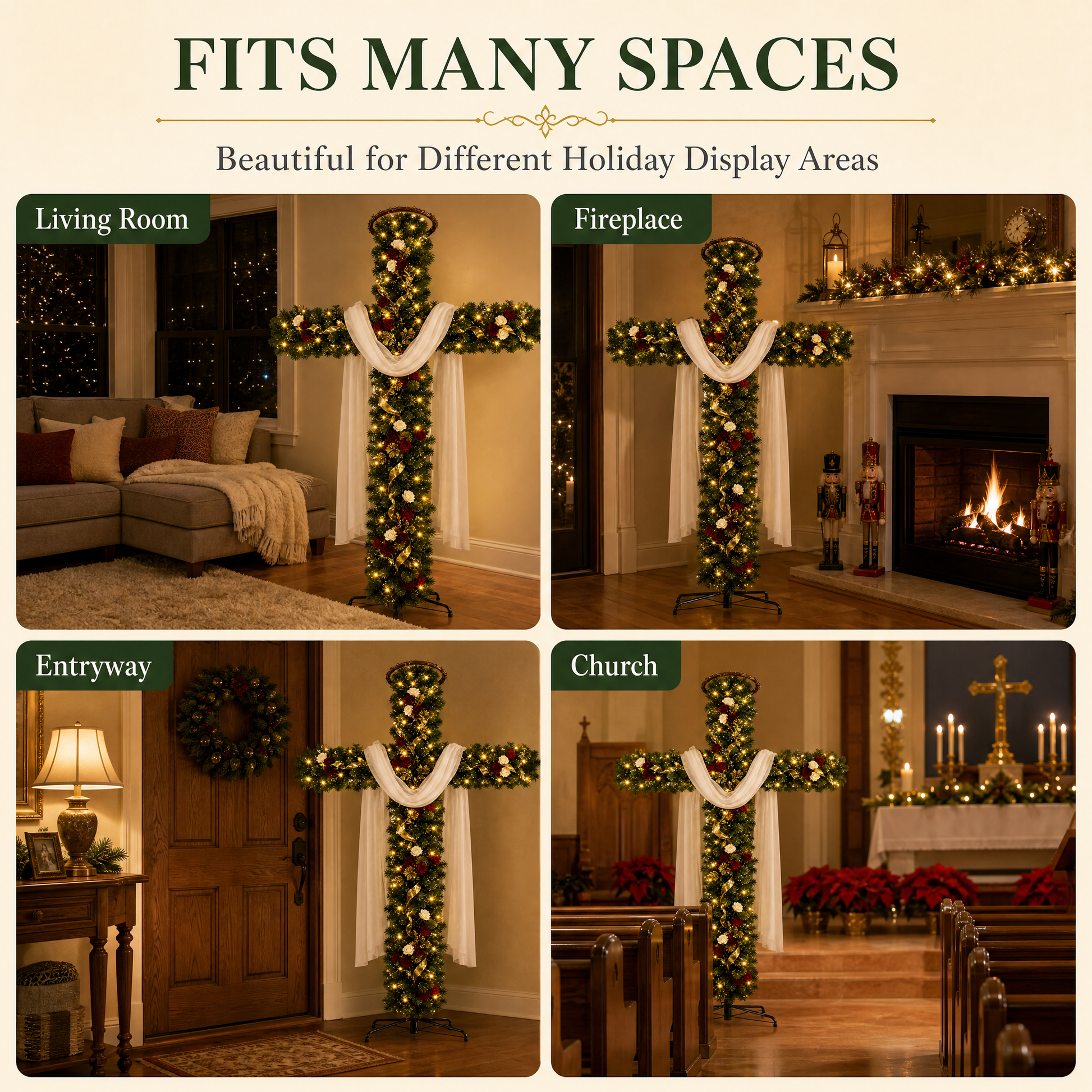 Cross-shaped Christmas tree display ideas for a living room, fireplace area, entryway and church
