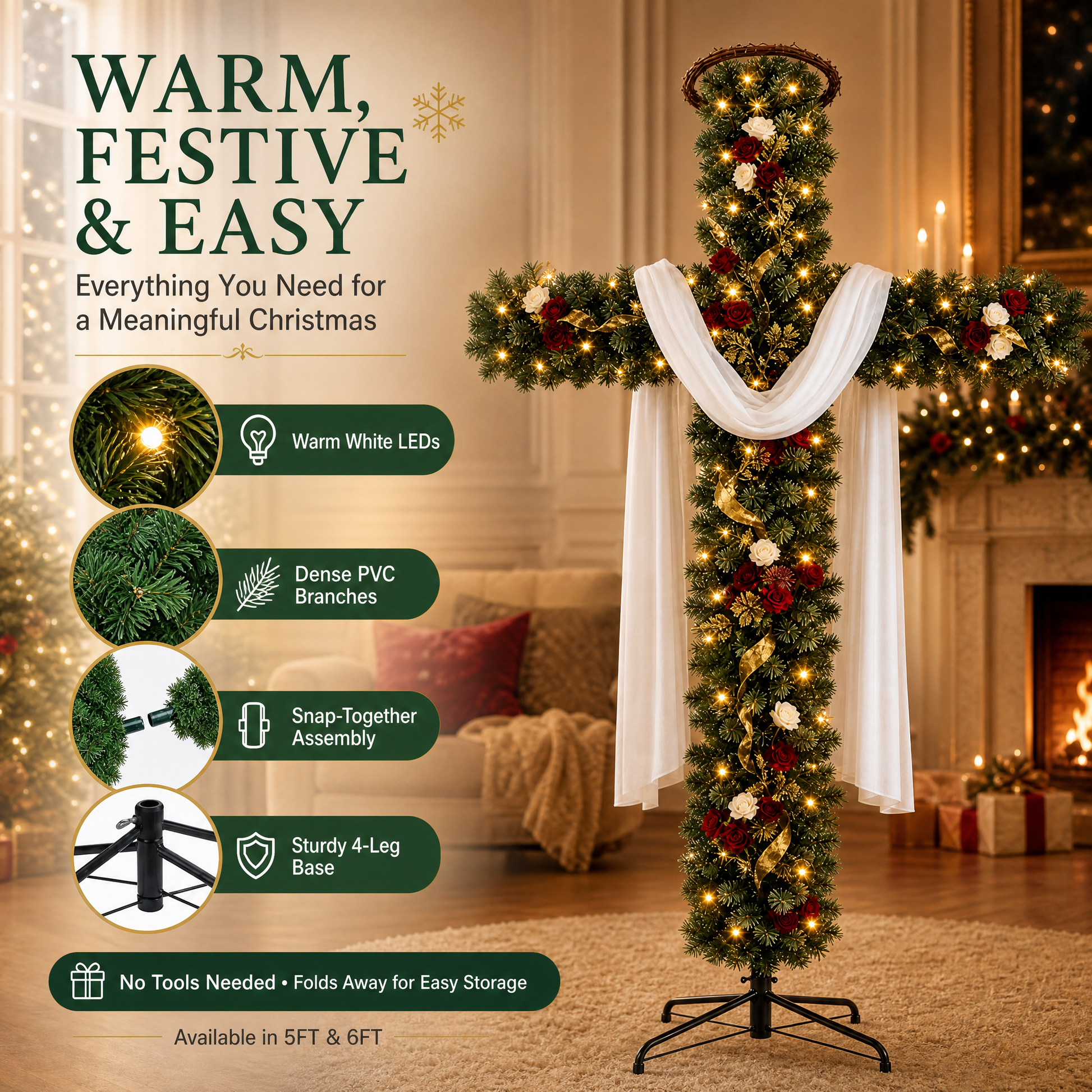 Warm white LED lights, dense PVC branches, snap-together assembly and four-leg metal base details
