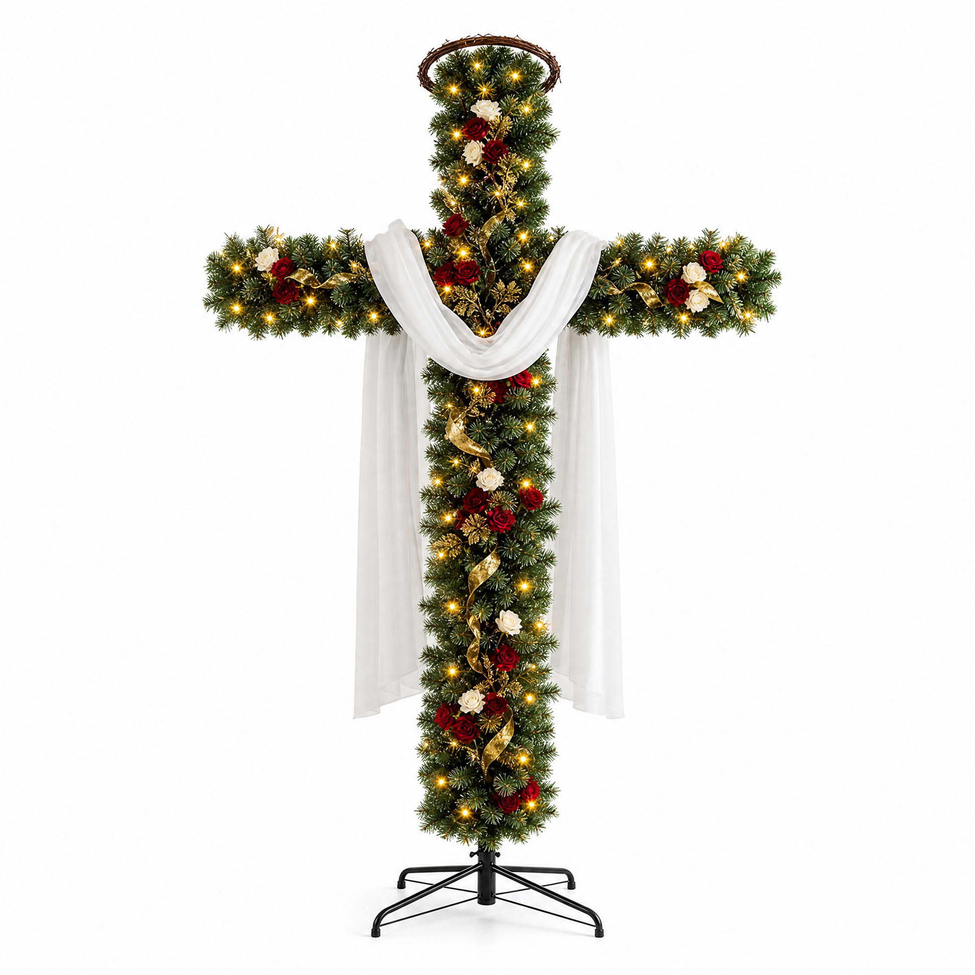 Pre-lit cross-shaped Christmas tree with white draped cloth, rattan crown and four-leg metal stand