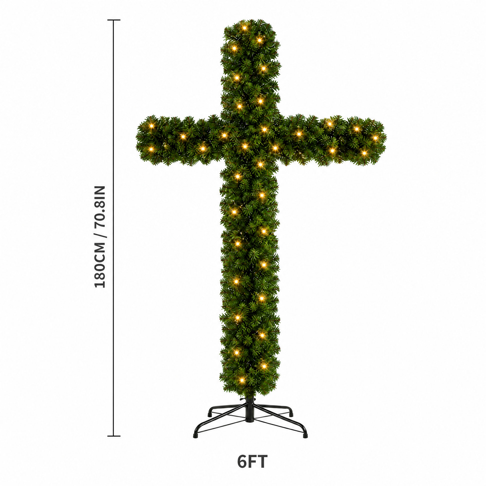 180 cm cross-shaped LED Christmas tree dimension diagram, labeled 70.8 inches and approximately 6 feet