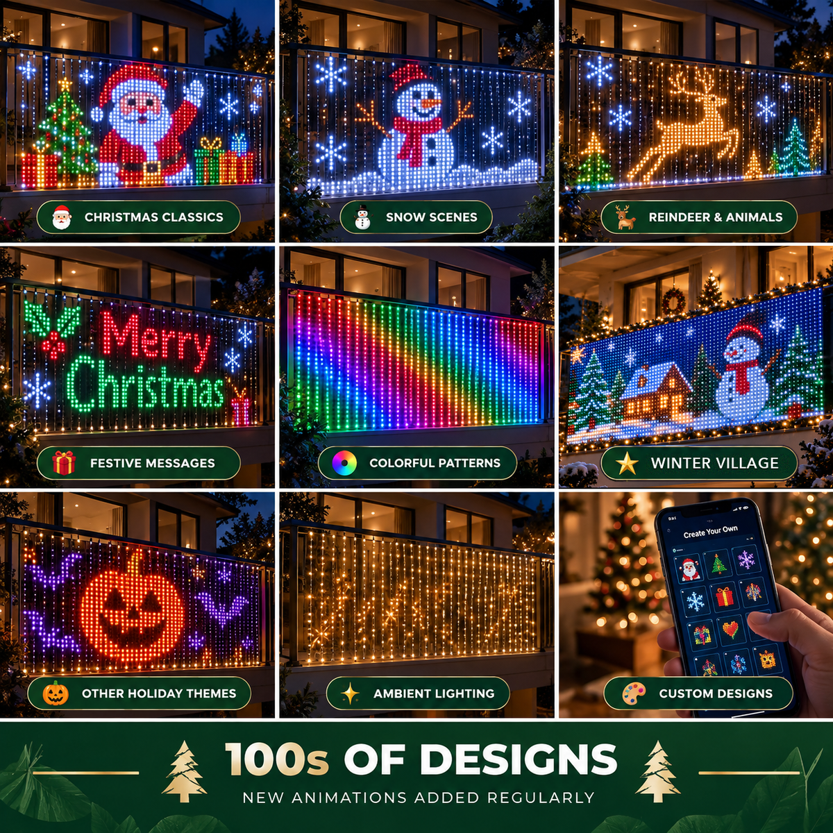 Animated Christmas balcony LED curtain lights, 3 m (9ft 10in)