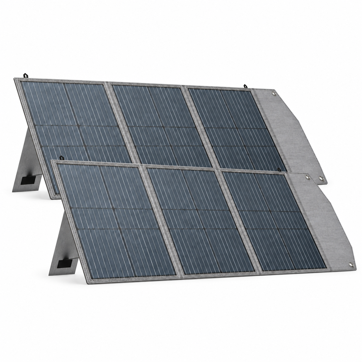 Two gray foldable SP100 solar panels opened on support stands