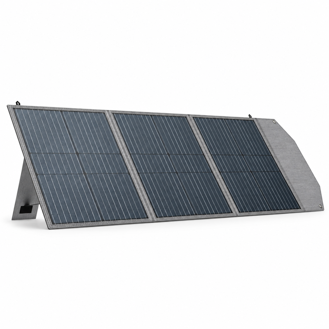 One gray foldable SP100 solar panel opened on support stands