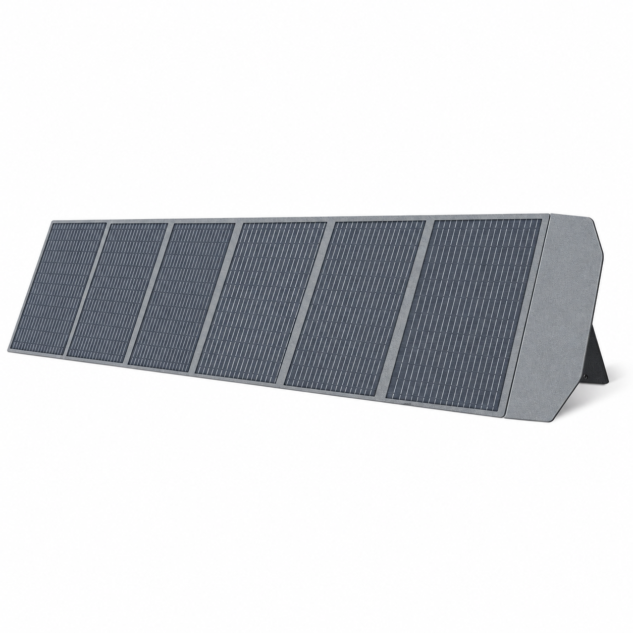 Gray foldable SP200 solar panel opened on support stands