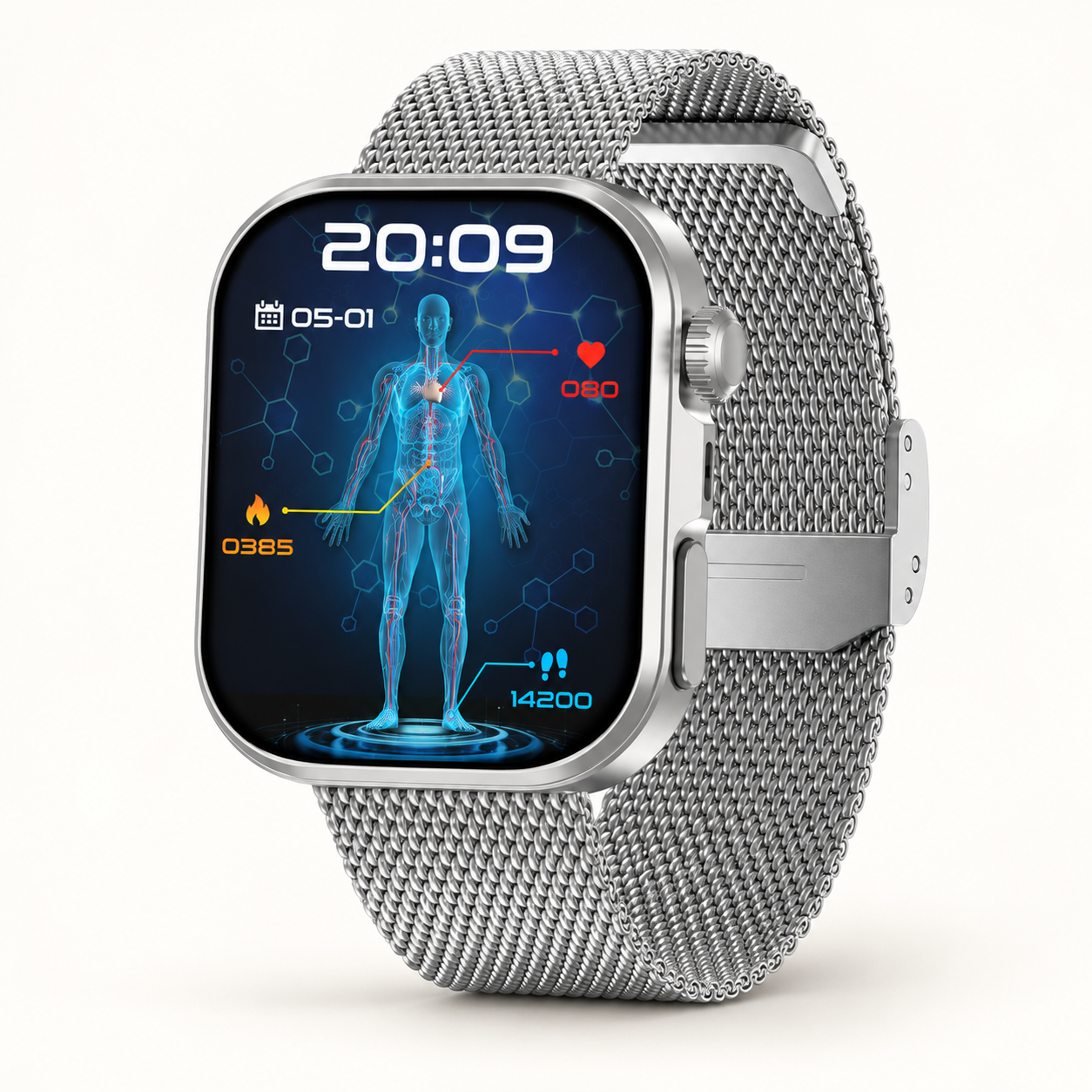 Silver mesh smartwatch with silver case and color display