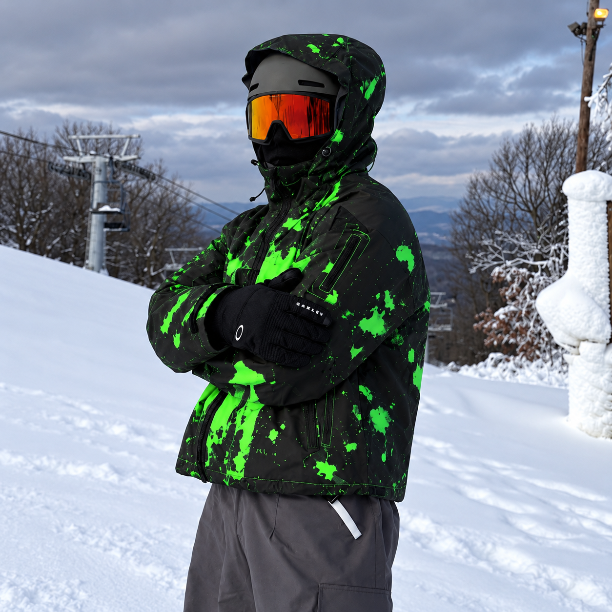 Electric Green snow-reactive jacket on the mountain