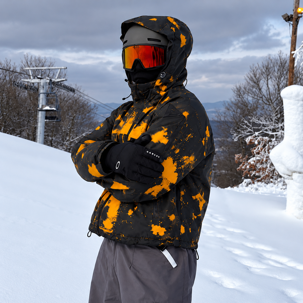 Blaze Orange snow-reactive jacket on the mountain