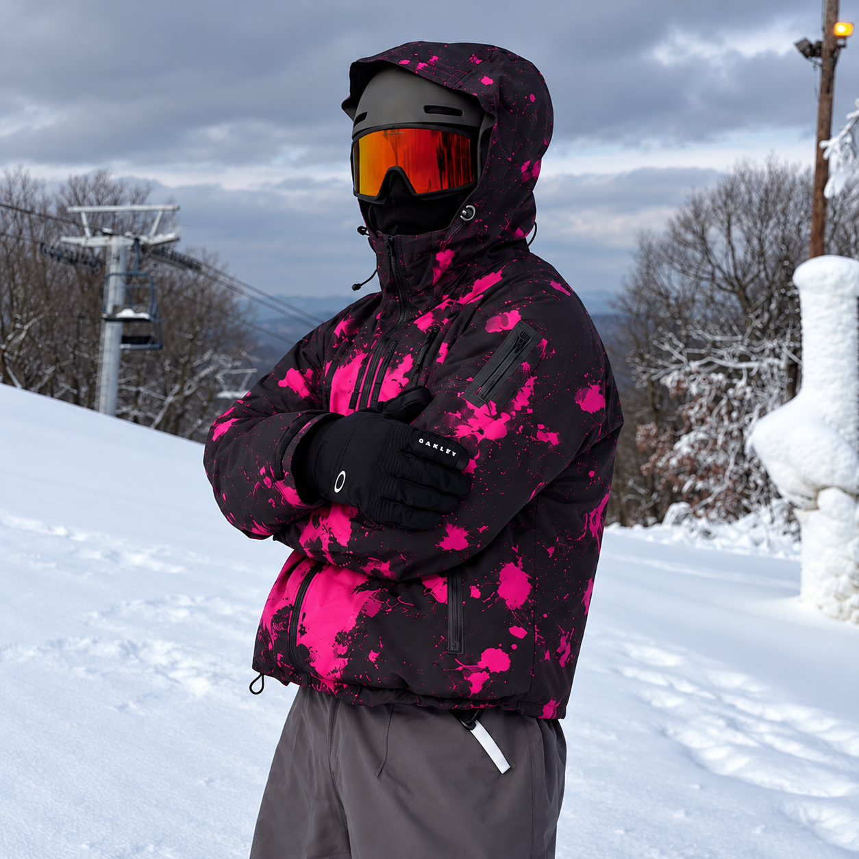 Neon Pink snow-reactive jacket on the mountain