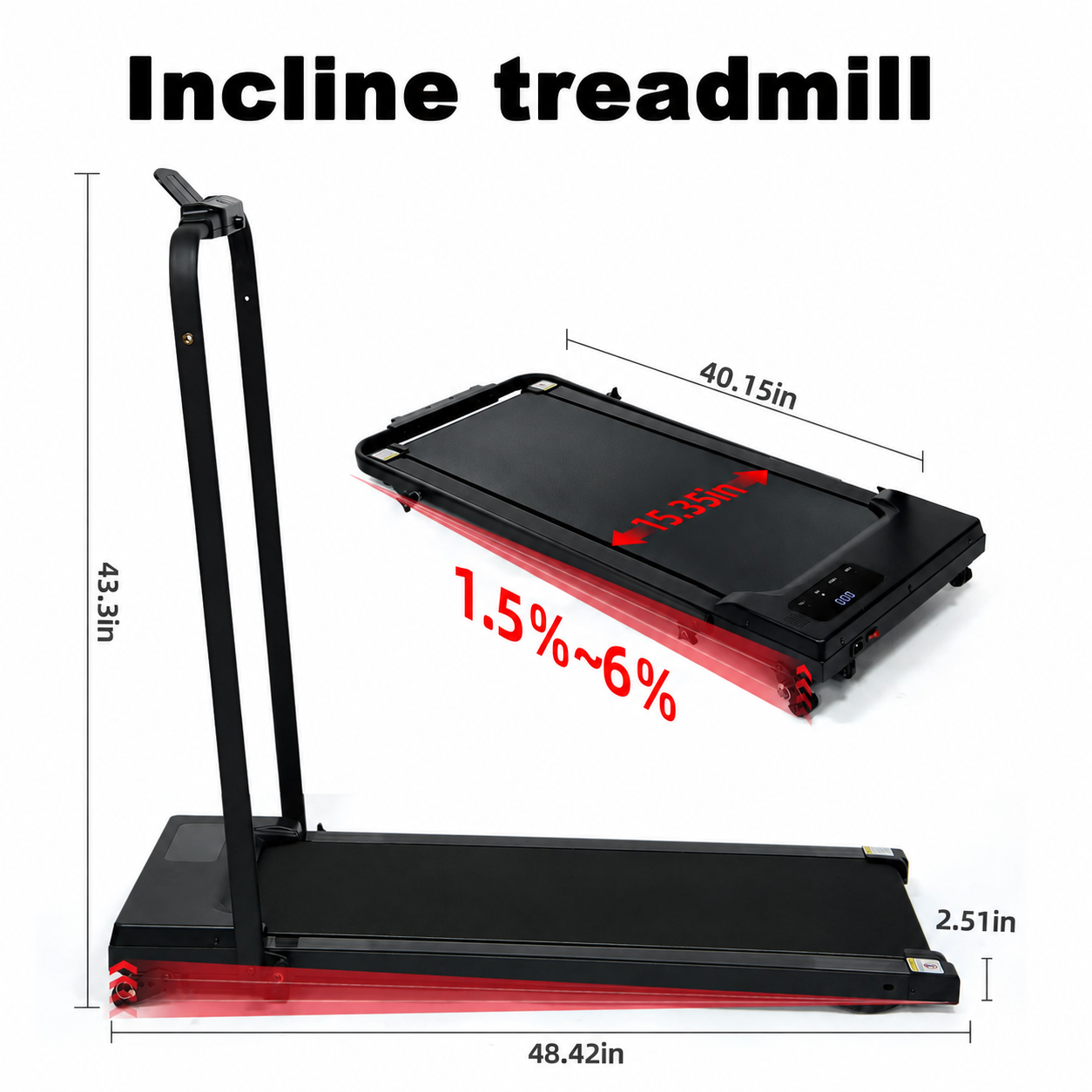 Black manual incline 48.4 inch treadmill, no logo