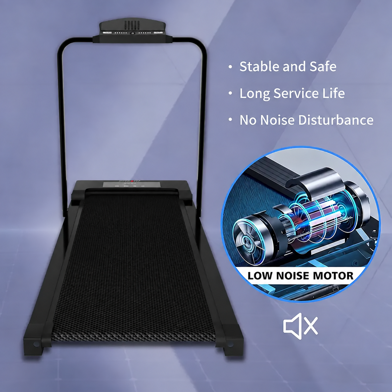 Black treadmill motor and belt view, no logo