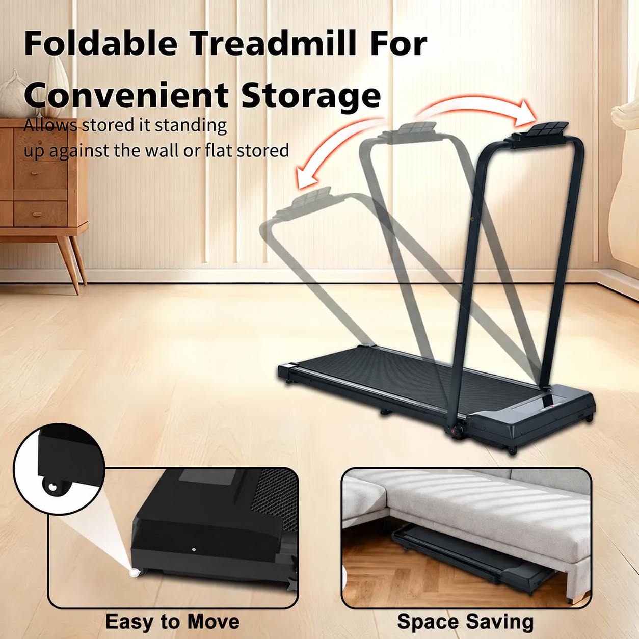 Black folding treadmill storage view, no logo