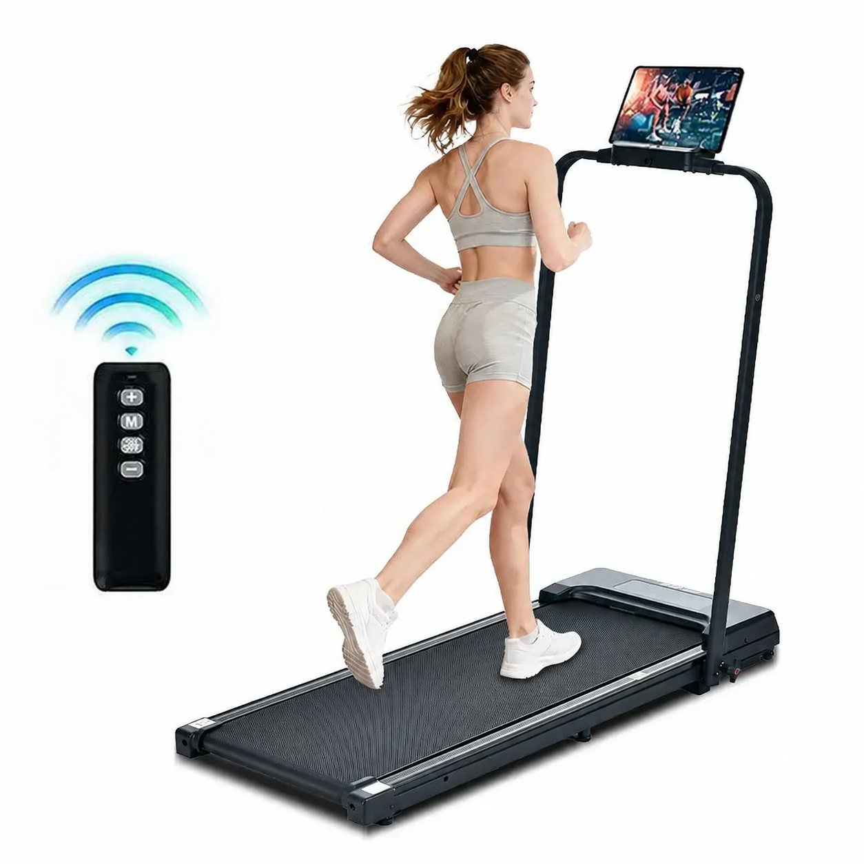 Black folding treadmill with remote in use, no logo