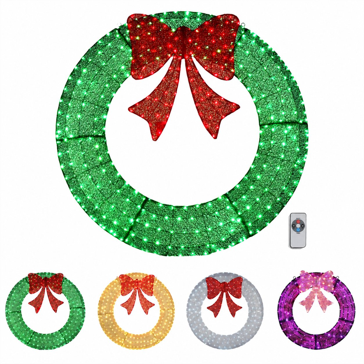 Giant pre-lit Christmas wreath with illuminated bow