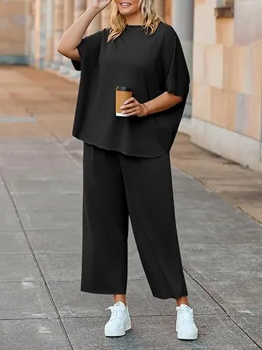 Women’s Casual Two Piece Outfit – 3/4 Sleeve Top & Wide Leg Pants