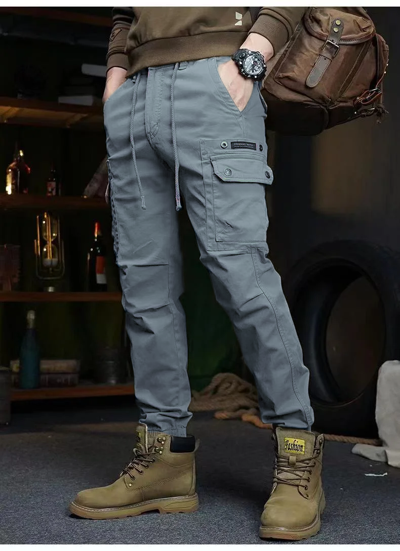 Men's Outdoor New Fashion Trend all Tie Leg Biker Overalls Men's Cargo Pants Tactical Military Pants Work Army Cotton Trousers with Multi-Pockets Men's Trousers