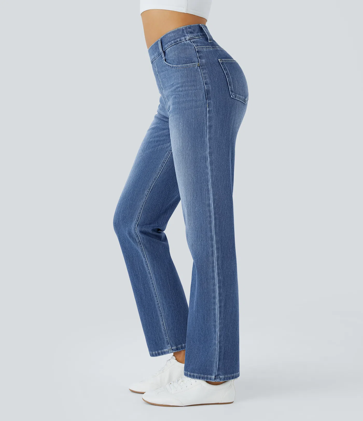 High Waisted Multiple Pockets Straight Leg Washed Stretchy Knit Casual Jeans