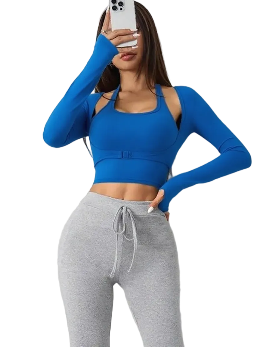Women’s Halter & Thumb Hole Sports Top Set– Sleeveless & Buckle Front for Gym & Yoga