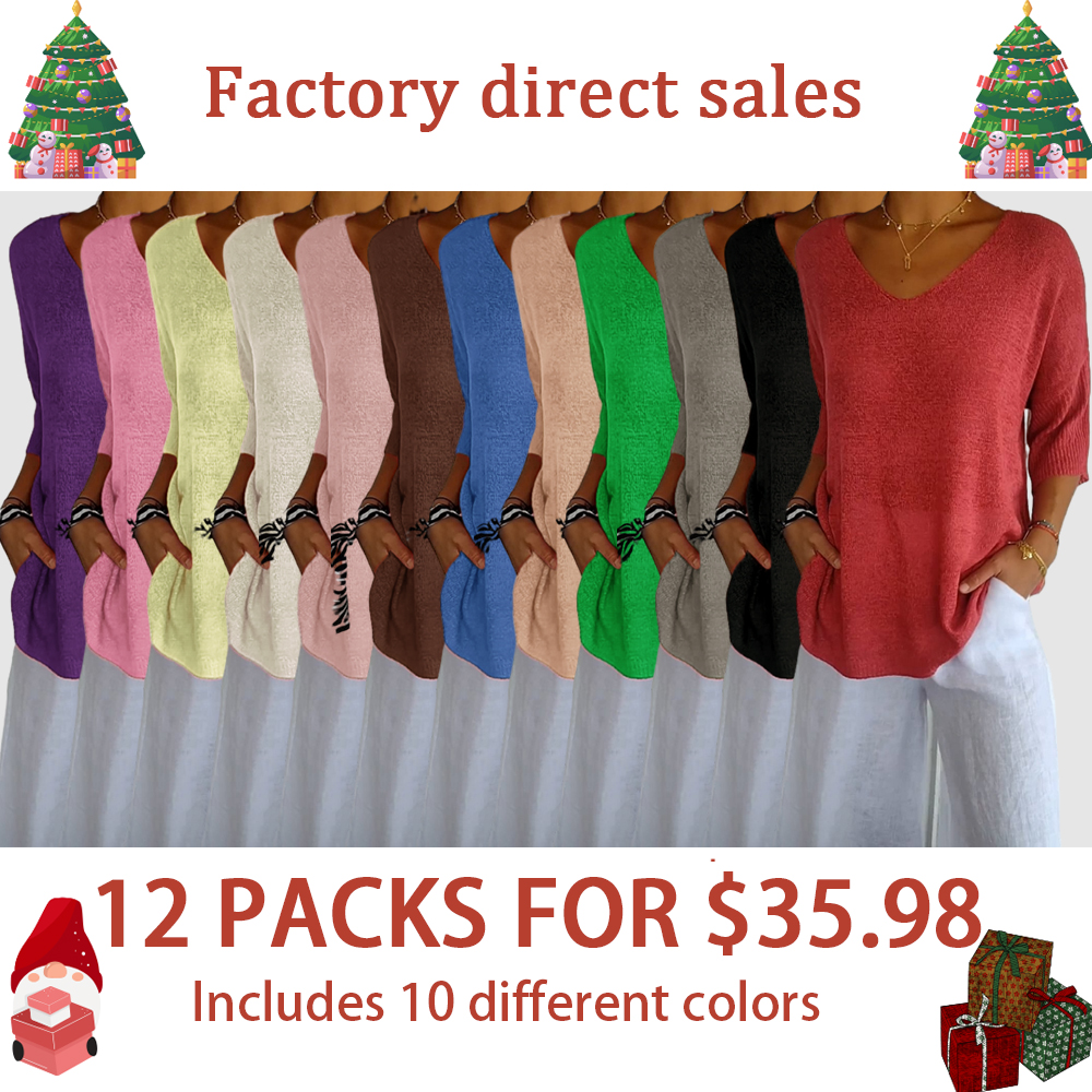 Solid Color Knitted V-neck Top