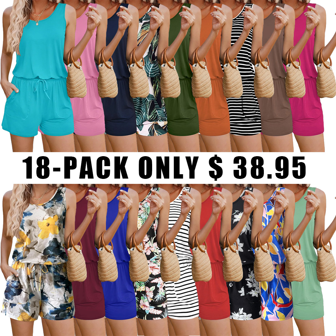 ADOME Rompers for Women Summer Sleeveless Scoop Neck Tank Top Casual Short Jumpsuit Rompers with Pockets
