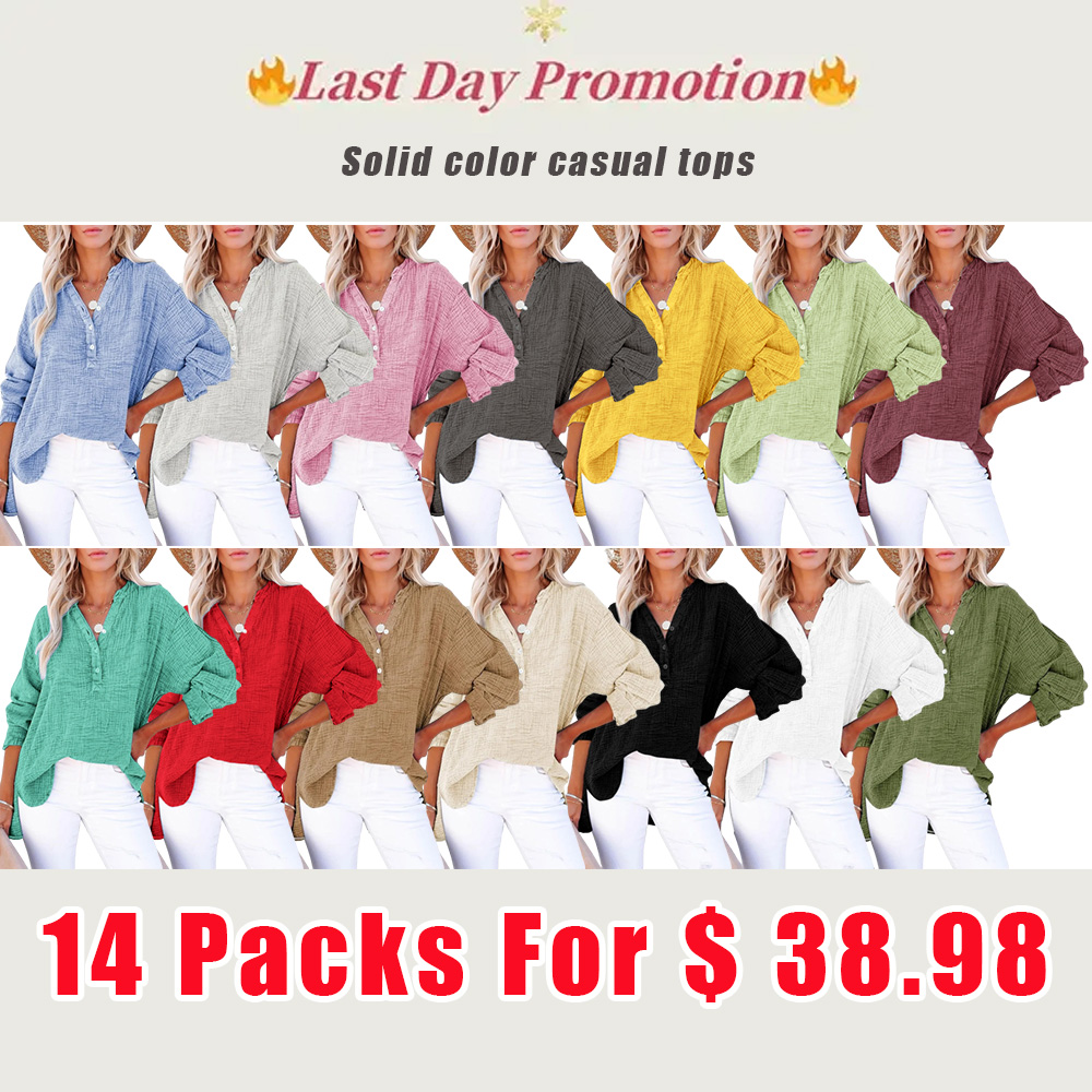 Womens Casual Button V Neck Long Sleeve Shirts Oversized Solid Blouses Tops