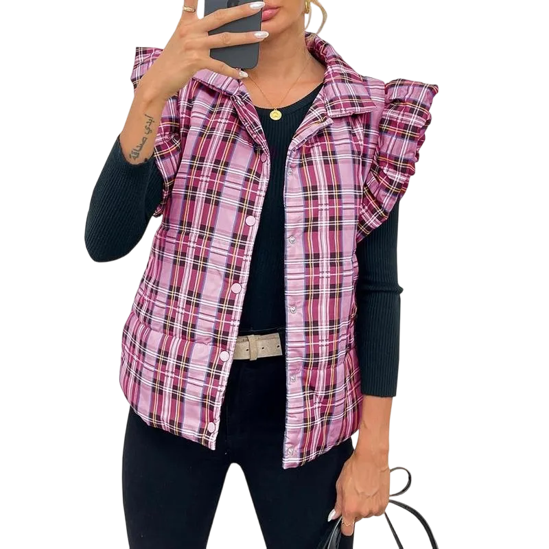 Women's Plaid Ruffle Trim Quilted Vest