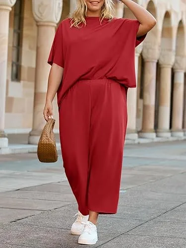 Women’s Casual Two Piece Outfit – 3/4 Sleeve Top & Wide Leg Pants