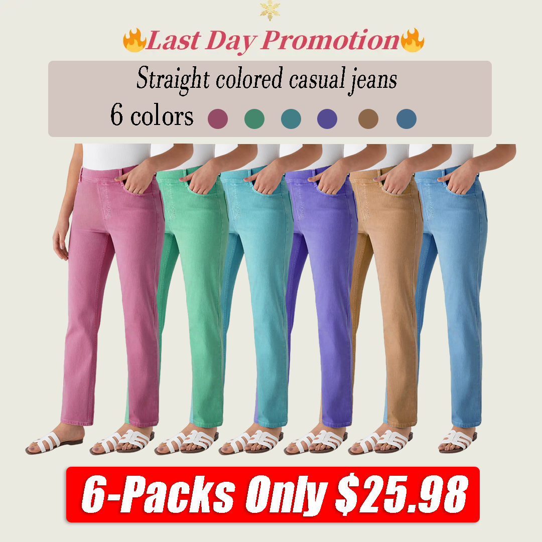High Waisted Multiple Pockets Straight Leg Colorful Stretchy Knit Casual Jeans