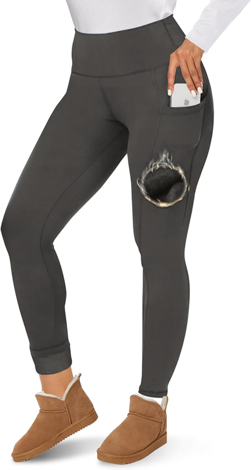 Fleece Lined Leggings Women - Thick Soft High Waisted Black Tummy Control Thermal Warm Velvet Pants for Cold Winter