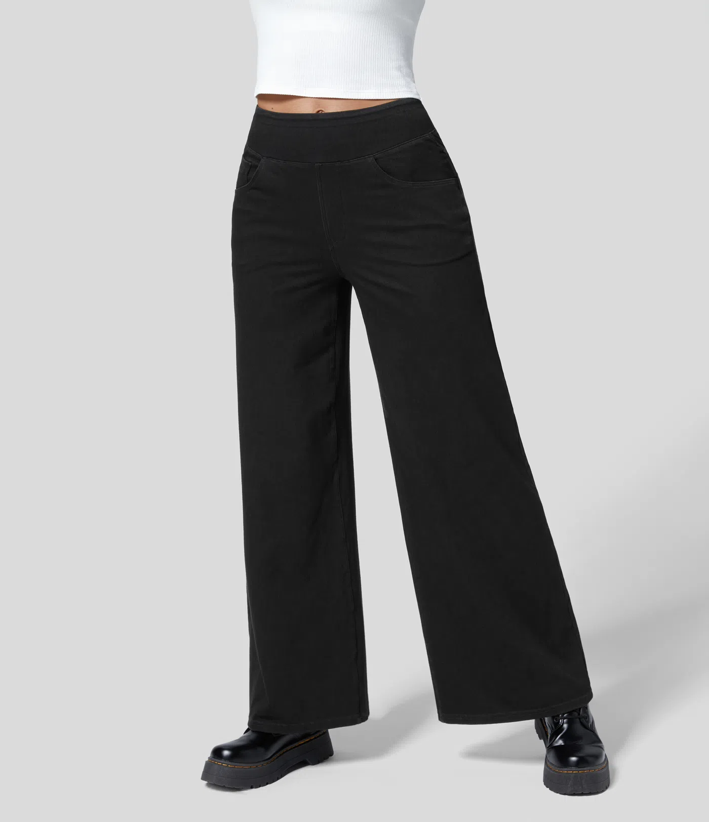 FINAL SALE⚡High Waisted Multiple Pockets Baggy Wide Leg Washed Stretchy Knit Casual Jeans