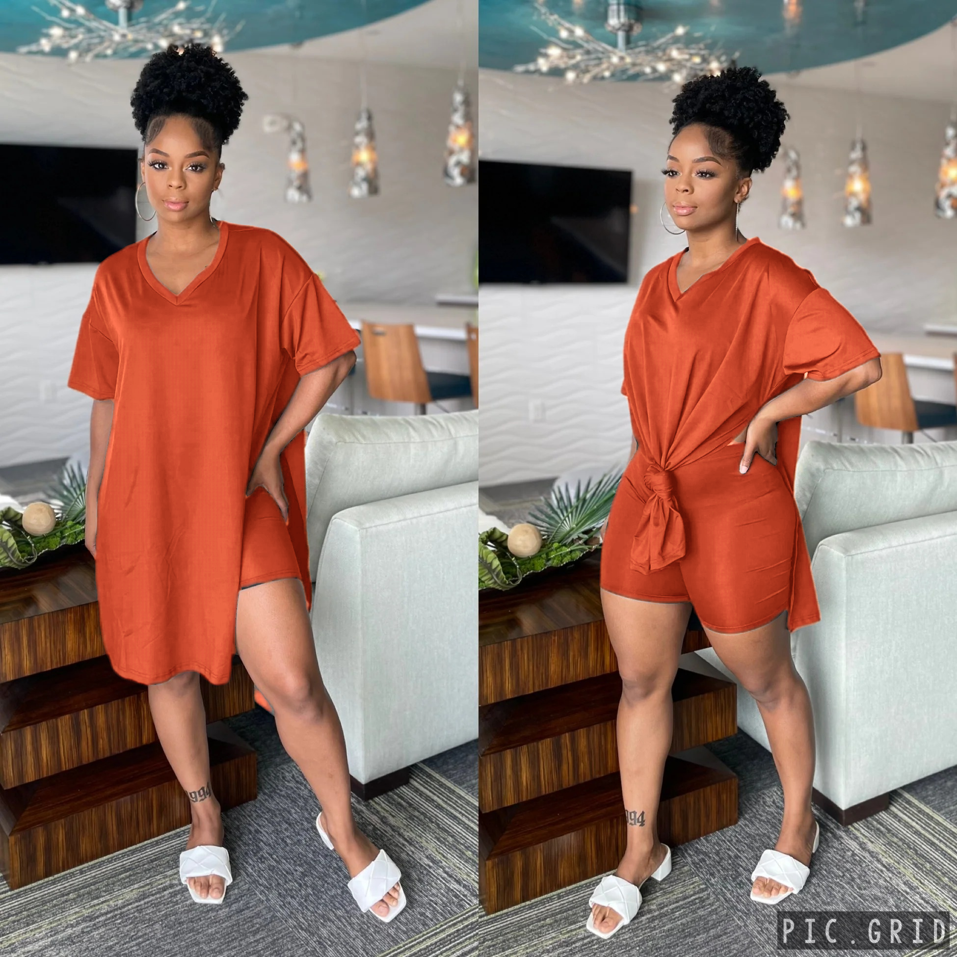 Women's 2-Piece Lounge Set Casual Oversized V-Neck Tops and High Waisted Shorts Set