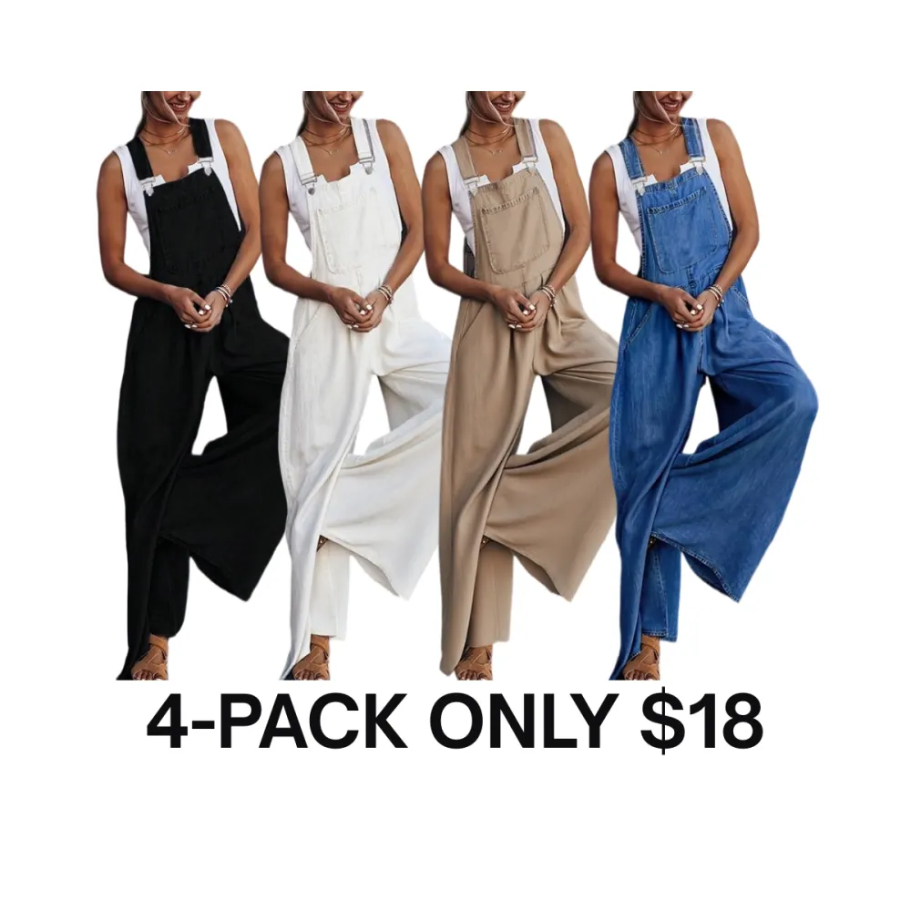 Women's Denim-Print Wide Leg Overalls Jumpsuit