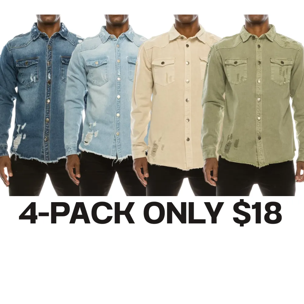 Men’s Distressed Denim Shirt – Heavyweight Button-Up with Pockets