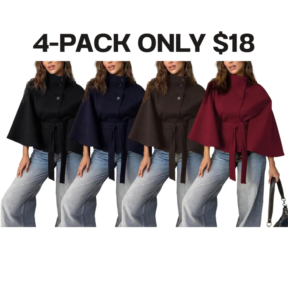 Women's Plain Front Buckle Belted Woolen Cape Coat