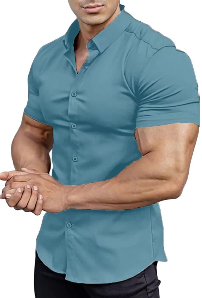⚡ 8 Packs for $26.98 ⚡ - Men's Muscle Fit Dress Shirts Summer Casual Button Down Short Sleeve High Stretch Wrinkle-Free Shirt