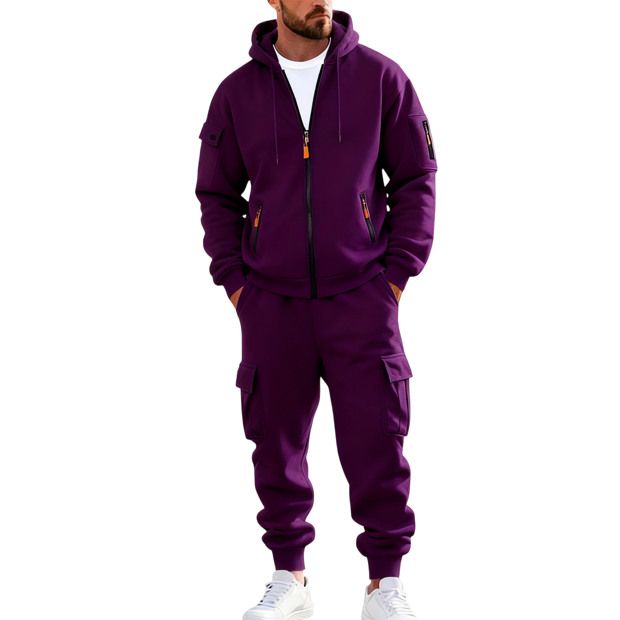 Men's Winter Fleece-Lined Hoodie & Drawstring Pants Set Warm Casual Long-Sleeve Top & Bottoms Multi-Pocket Design