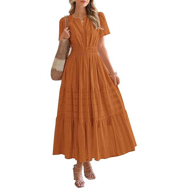 Women's Spring And Summer Lightweight Short Sleeve V Casual Midi Maxi Dresses