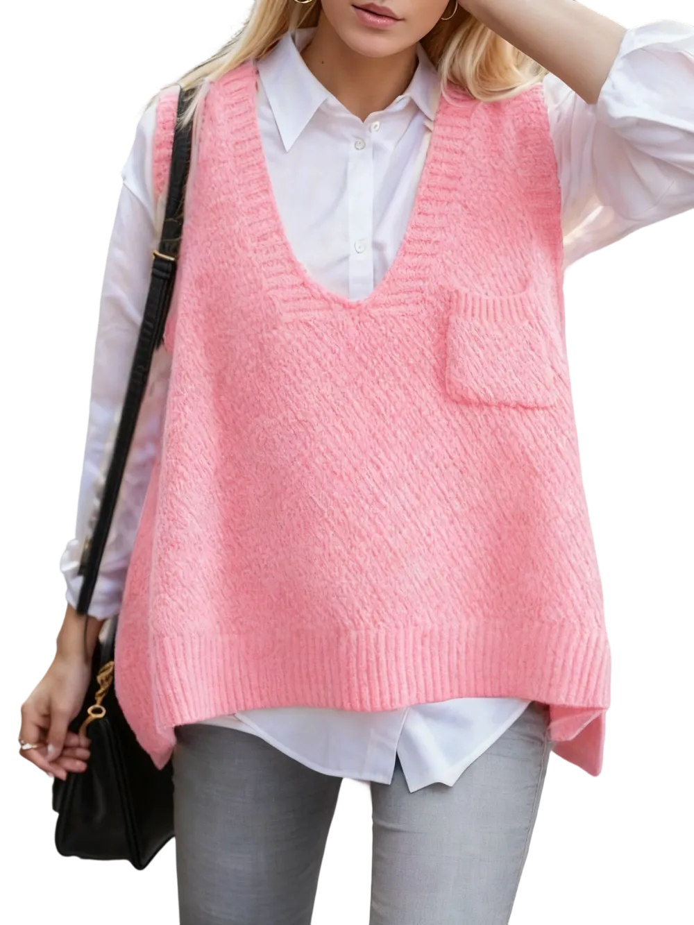 Women's Solid Pocket High Low Hem V Neck Sweater Vest