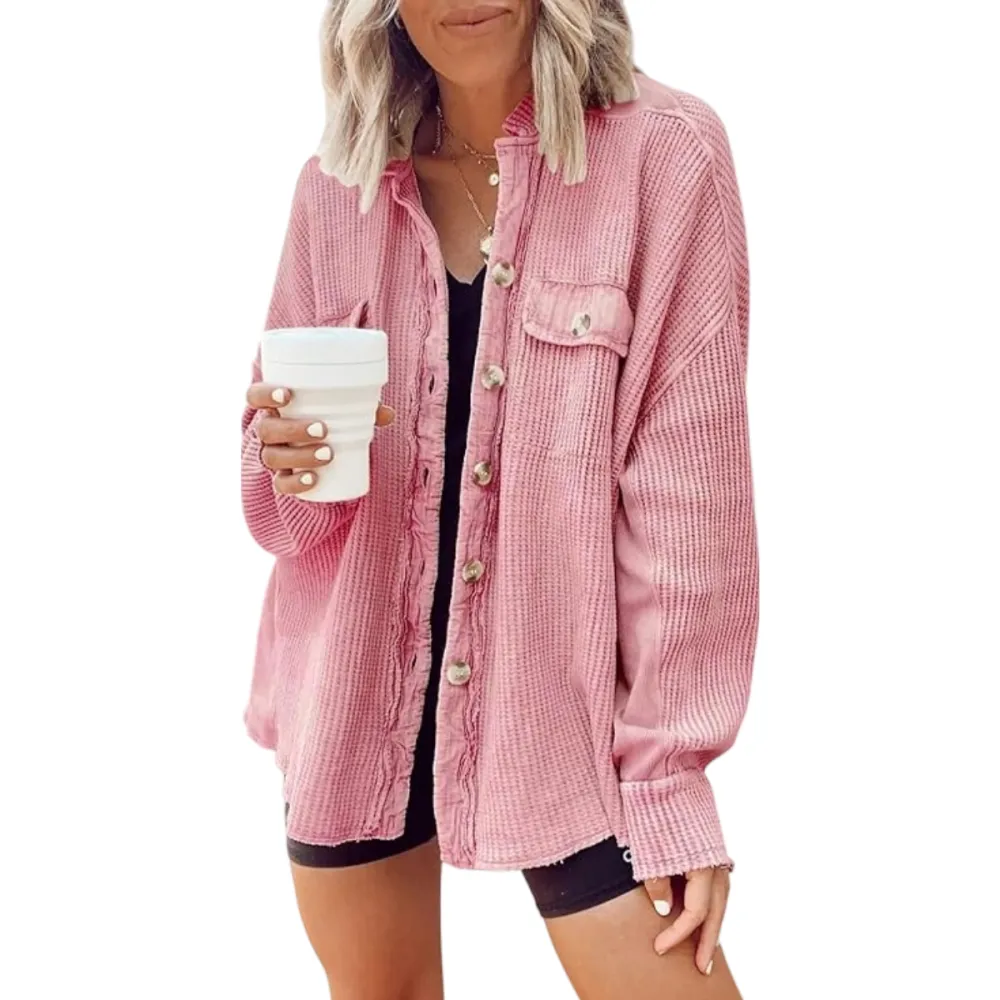 Women's Loose Fit Batwing Sleeve Waffle Knit Button Down Shirt Shacket Tops