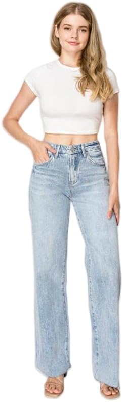 Mid-Low Rise Baggy Jeans Wide Leg for Women Distressed Pants Stretchy Bottom Lady Basic Comfortable Denim