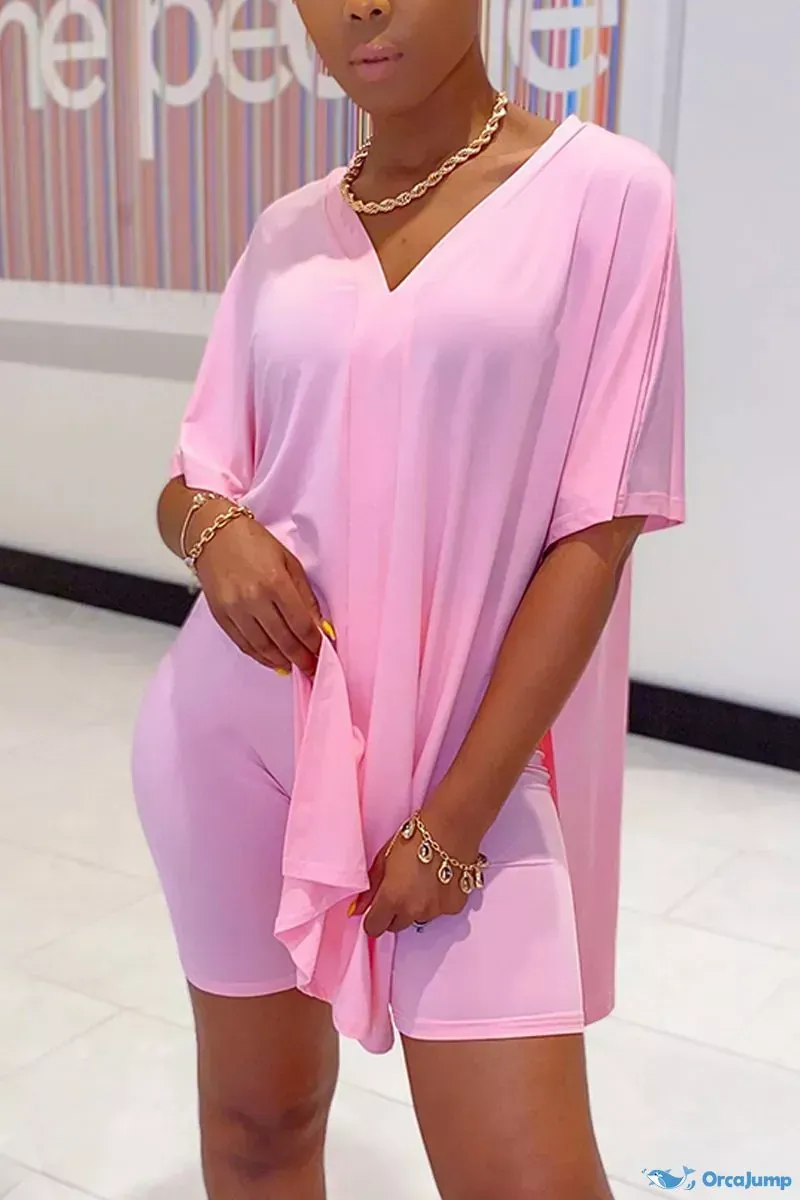 Women's 2-Piece Lounge Set Casual Oversized V-Neck Tops and High Waisted Shorts Set