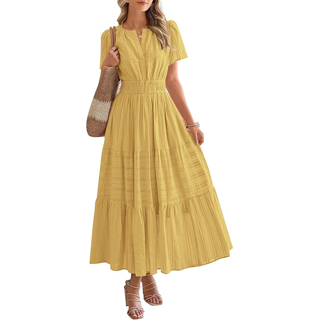 Women's Spring And Summer Lightweight Short Sleeve V Casual Midi Maxi Dresses