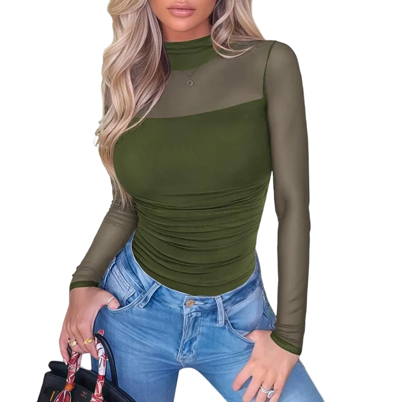 Women's Plain Round Neck Sheer Mesh Patchwork Long Sleeve Sexy Top