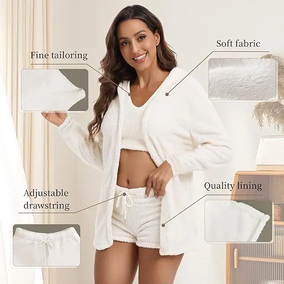 Women's 3-Piece Plush Pajama Set: Drop Shoulder Hoodie, Crop Top & Shorts