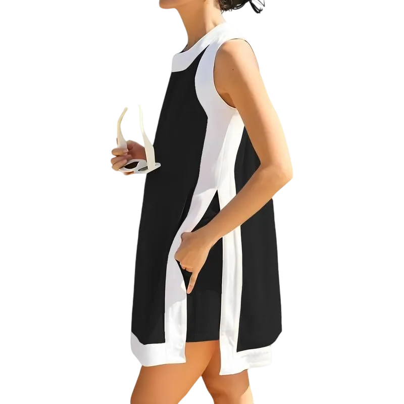 Women‘s Casual Two-Piece Set – Color Block Sleeveless Pullover Top & Matching Shorts with Pockets