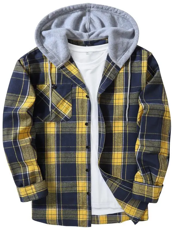 Men's Plaid Print Button Front Drawstring Hooded Shirt