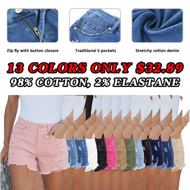 🔥Women's High Waisted Stretchy Distressed Denim Shorts Ripped Frayed Raw Hem